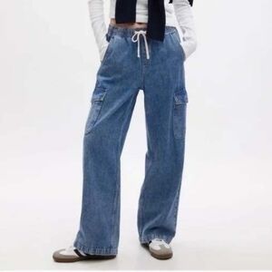 Gap High Rise Wide Leg Elastic Waist Drawstring Pull On Baggy Fit Cargo Jean